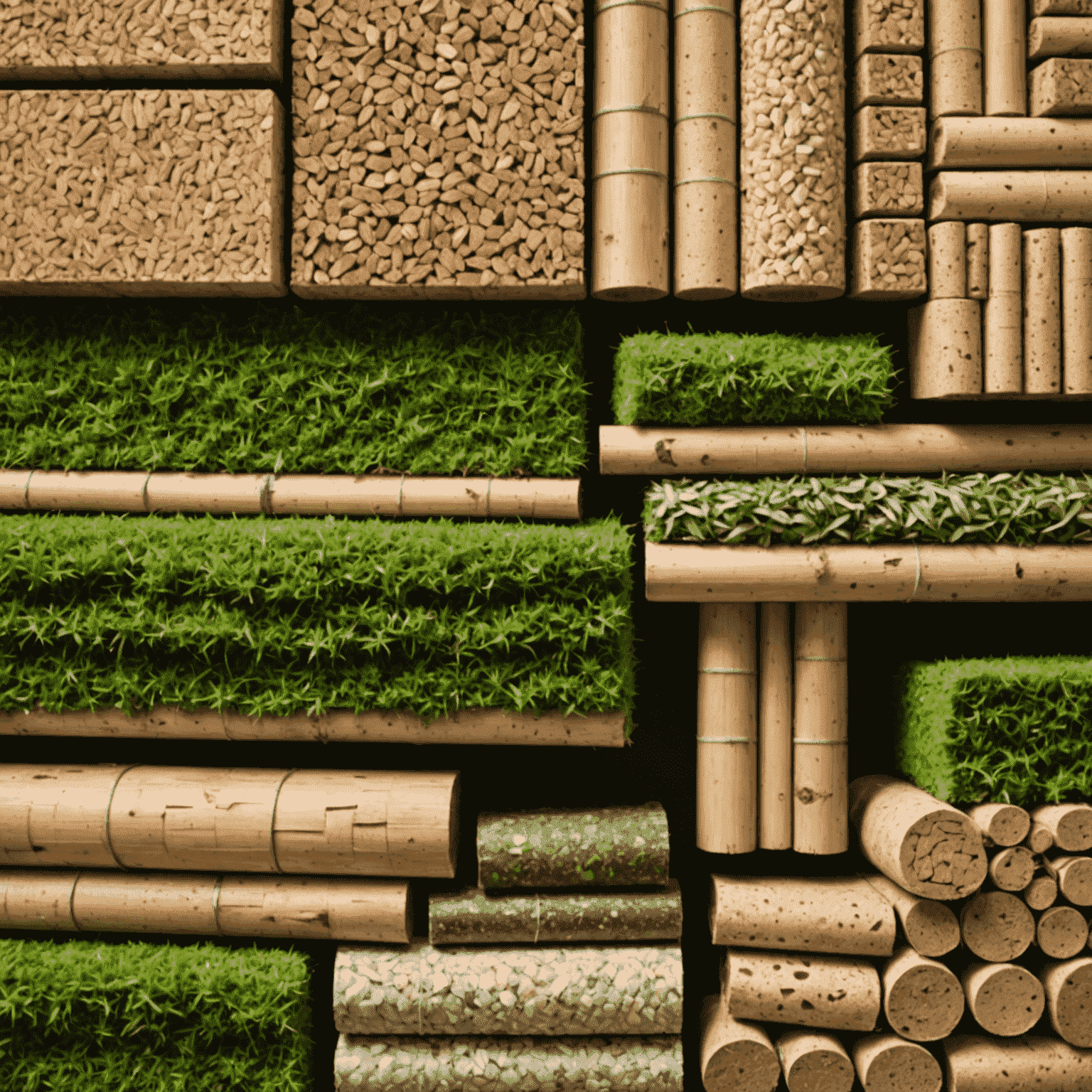 Çevre dostu inşaat malzemeleri: bambu, geri dönüştürülmüş çelik, yosun yalıtım, mantar ve hempcrete görselleri