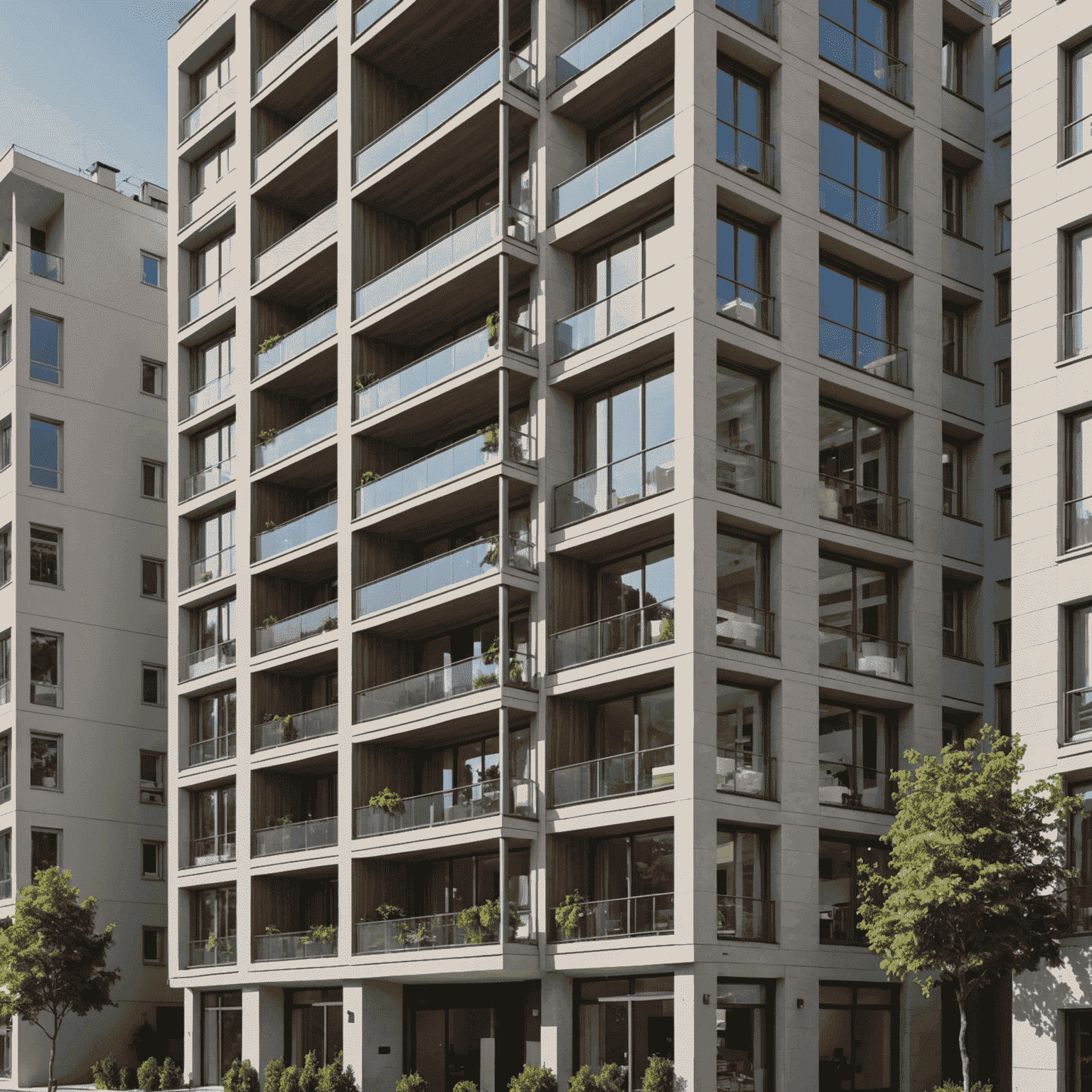 Modern bir Türk apartmanının dış cephesi, akıllı ev teknolojisi özelliklerini gösteren simgelerle birlikte