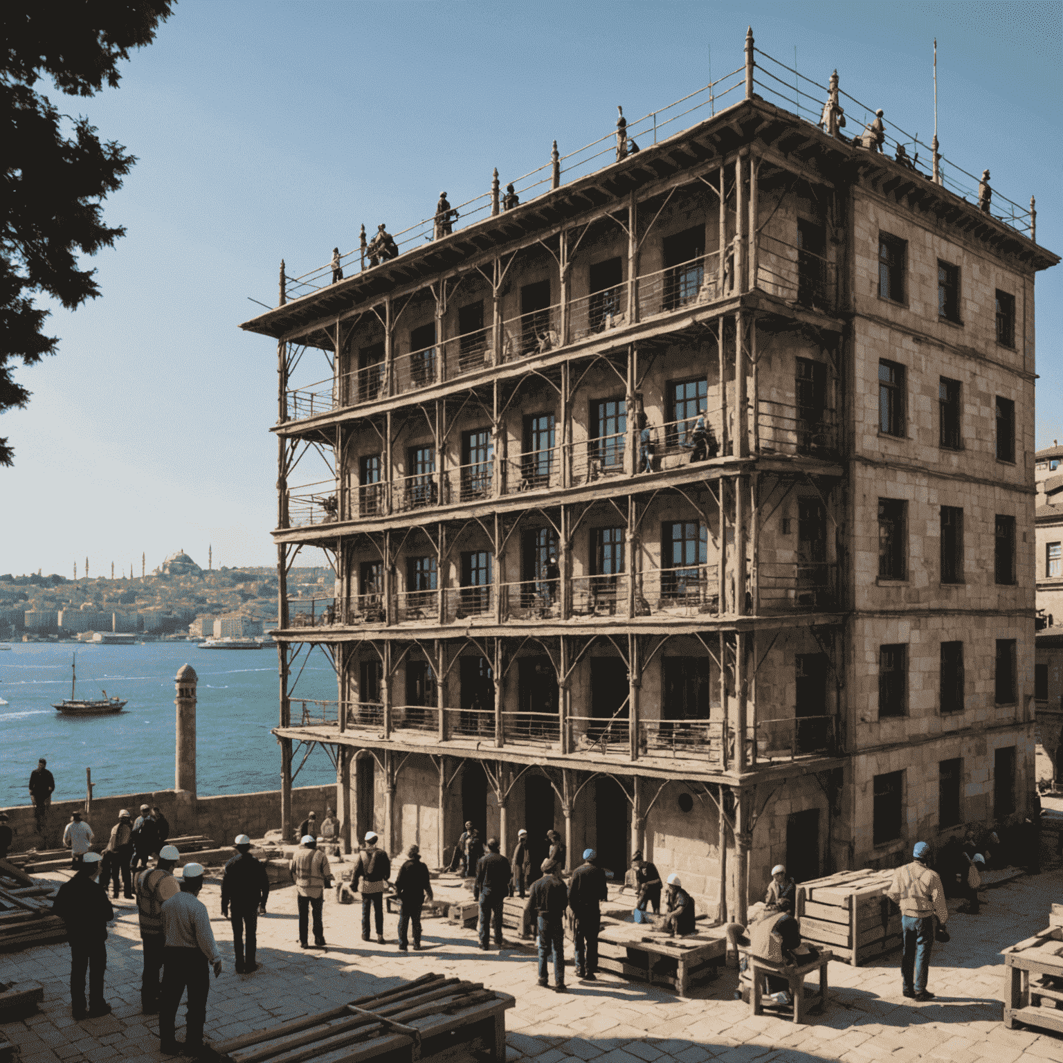 İstanbul'da restore edilen Osmanlı dönemi bir bina. Ön planda iskele ve çalışan işçiler, arka planda Boğaz manzarası görünüyor.