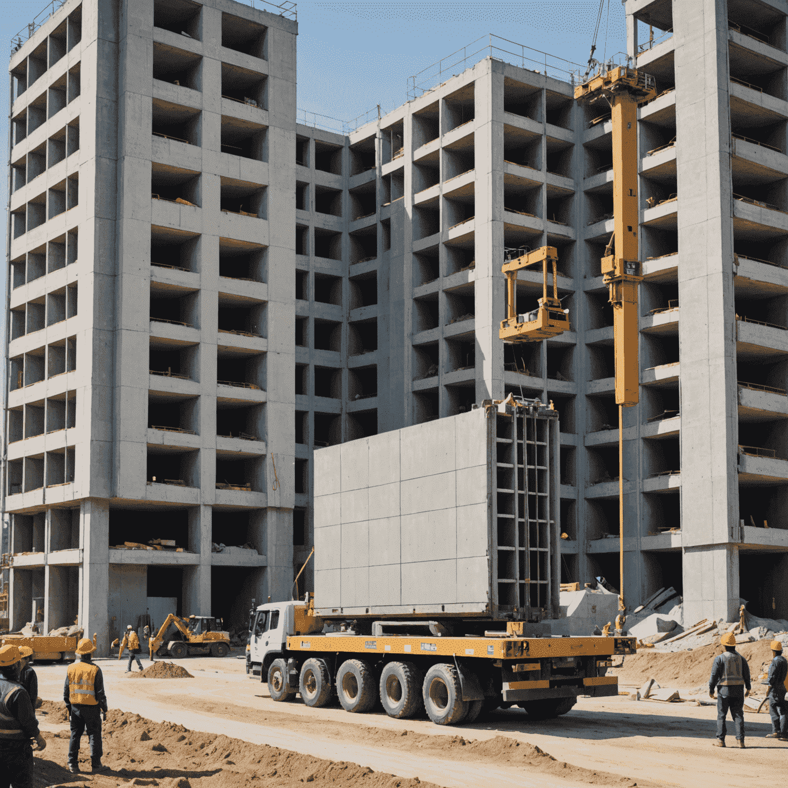 Bir inşaat sahasında vinçle taşınan büyük prefabrik beton panel, arka planda işçiler ve yarı tamamlanmış bina